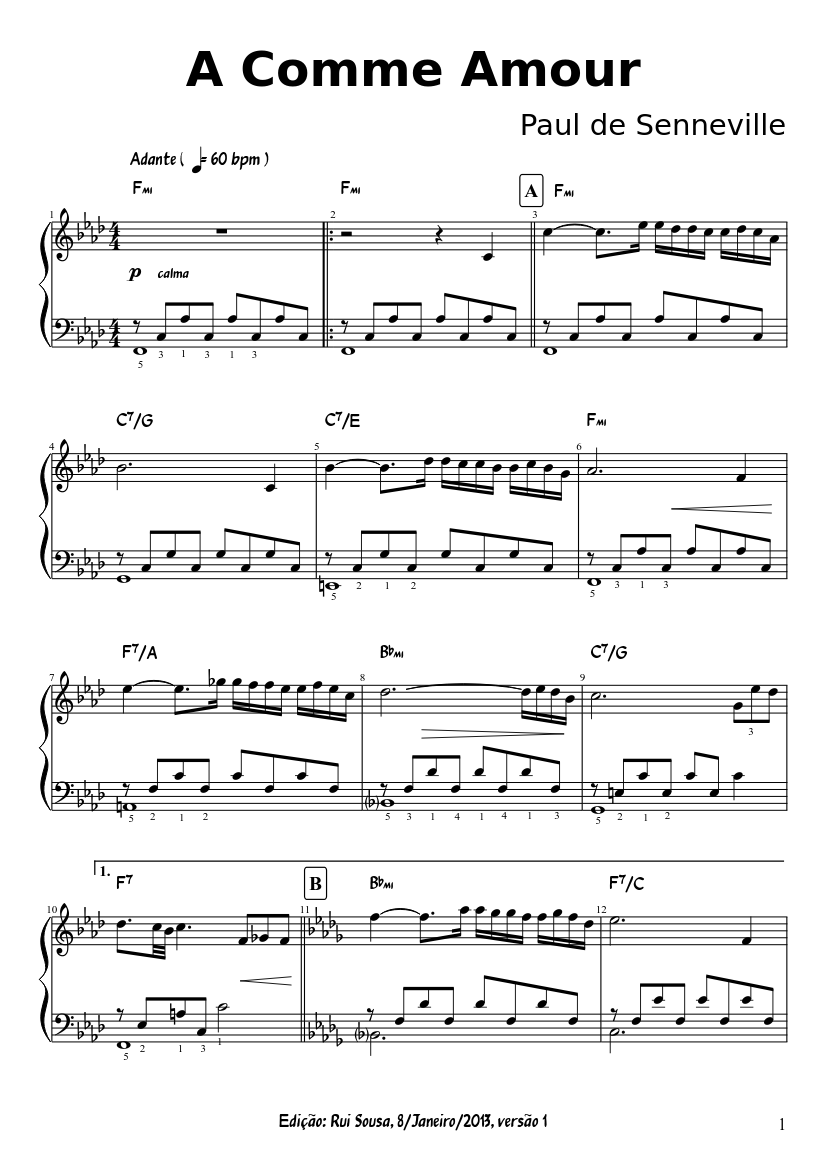 A Comme Amour - Richard Clayderman - piano sheet music page 1