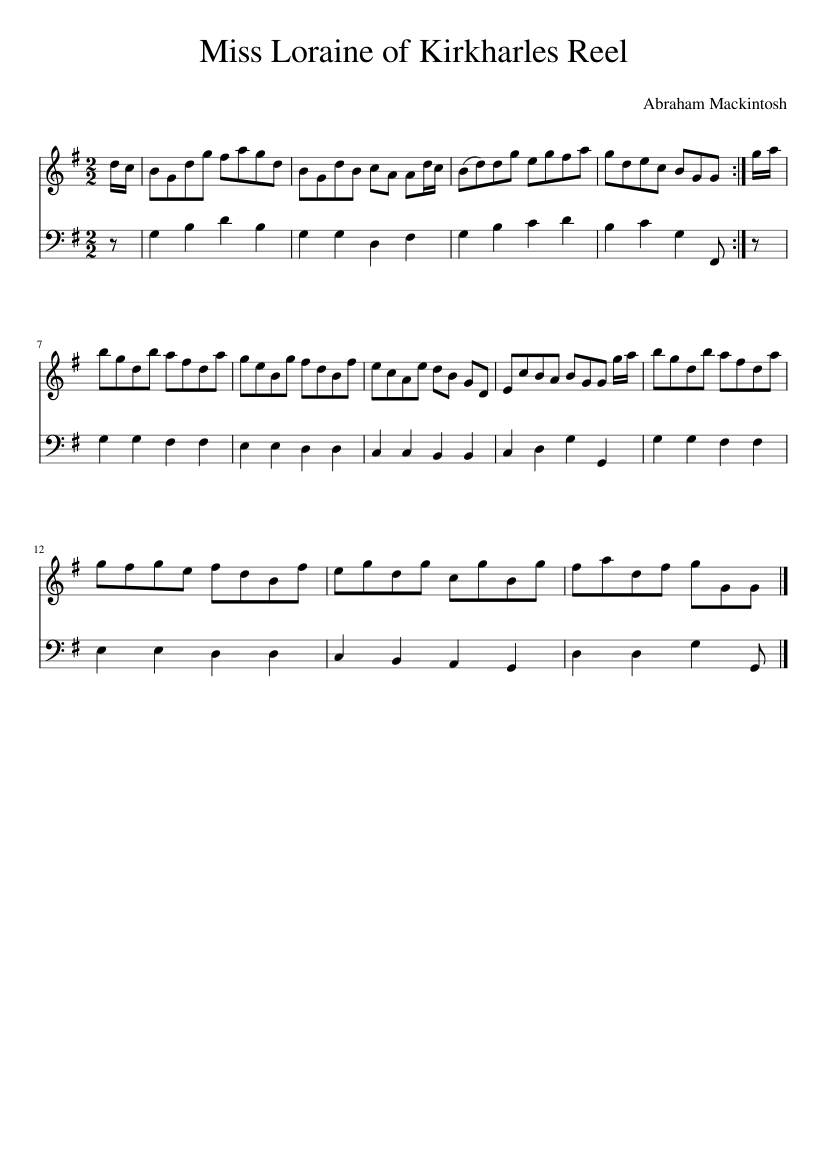 Abraham Mackintosh - Miss Loraine of Kirkharles Reel - piano sheet music page 1