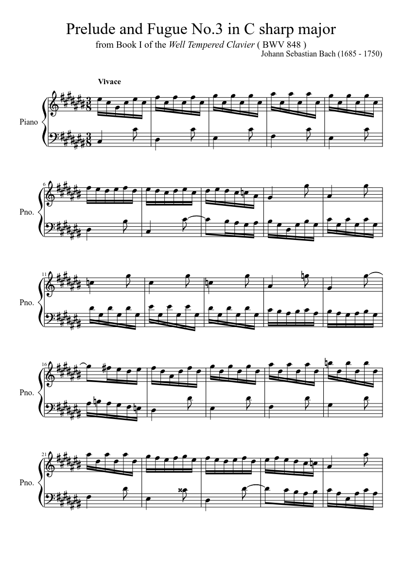 Bach - WTC - Prelude and Fugue No.3 in C sharp major (BWV 848) - piano sheet music page 1