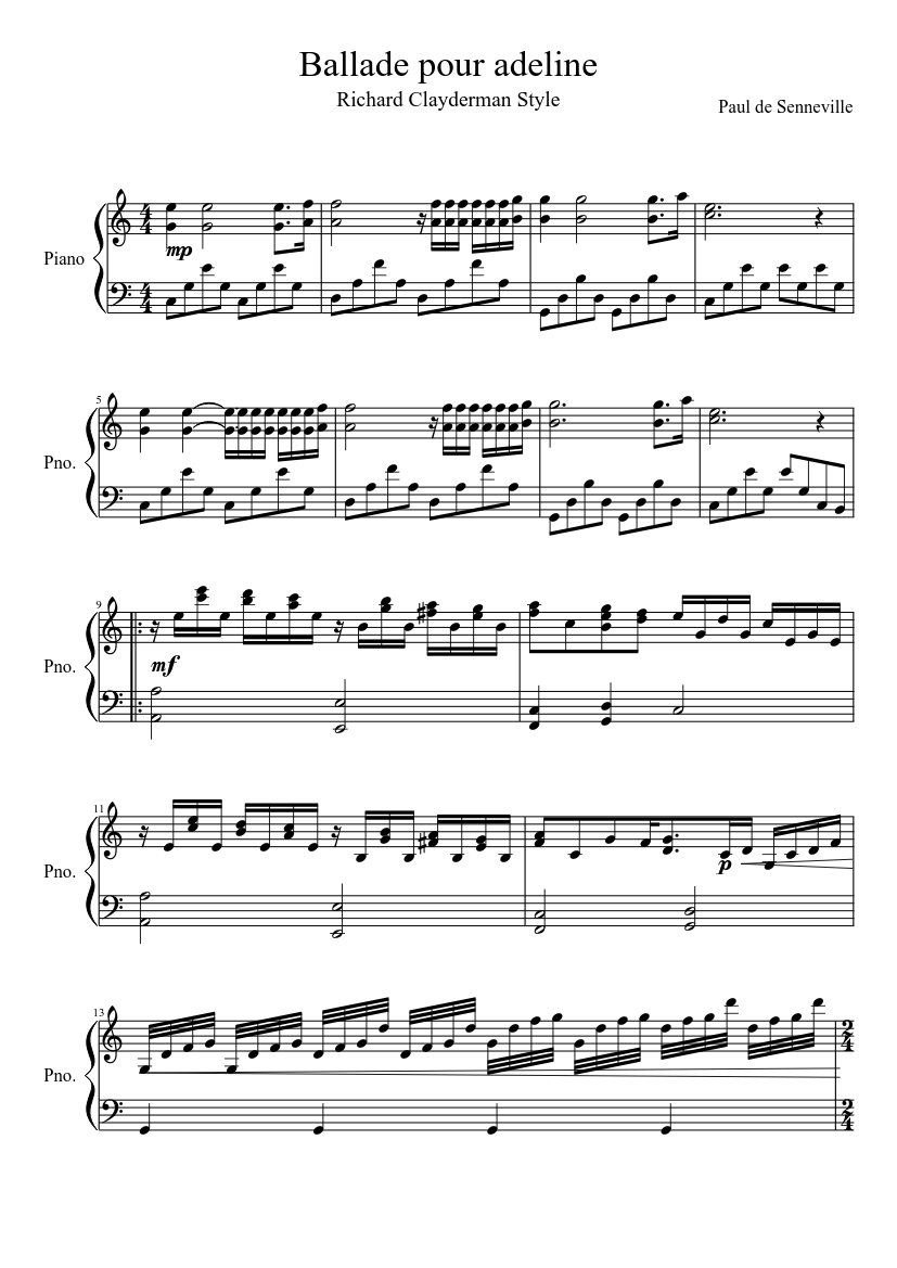 Ballade pour adeline - Richard Clayderman style - piano sheet music page 1
