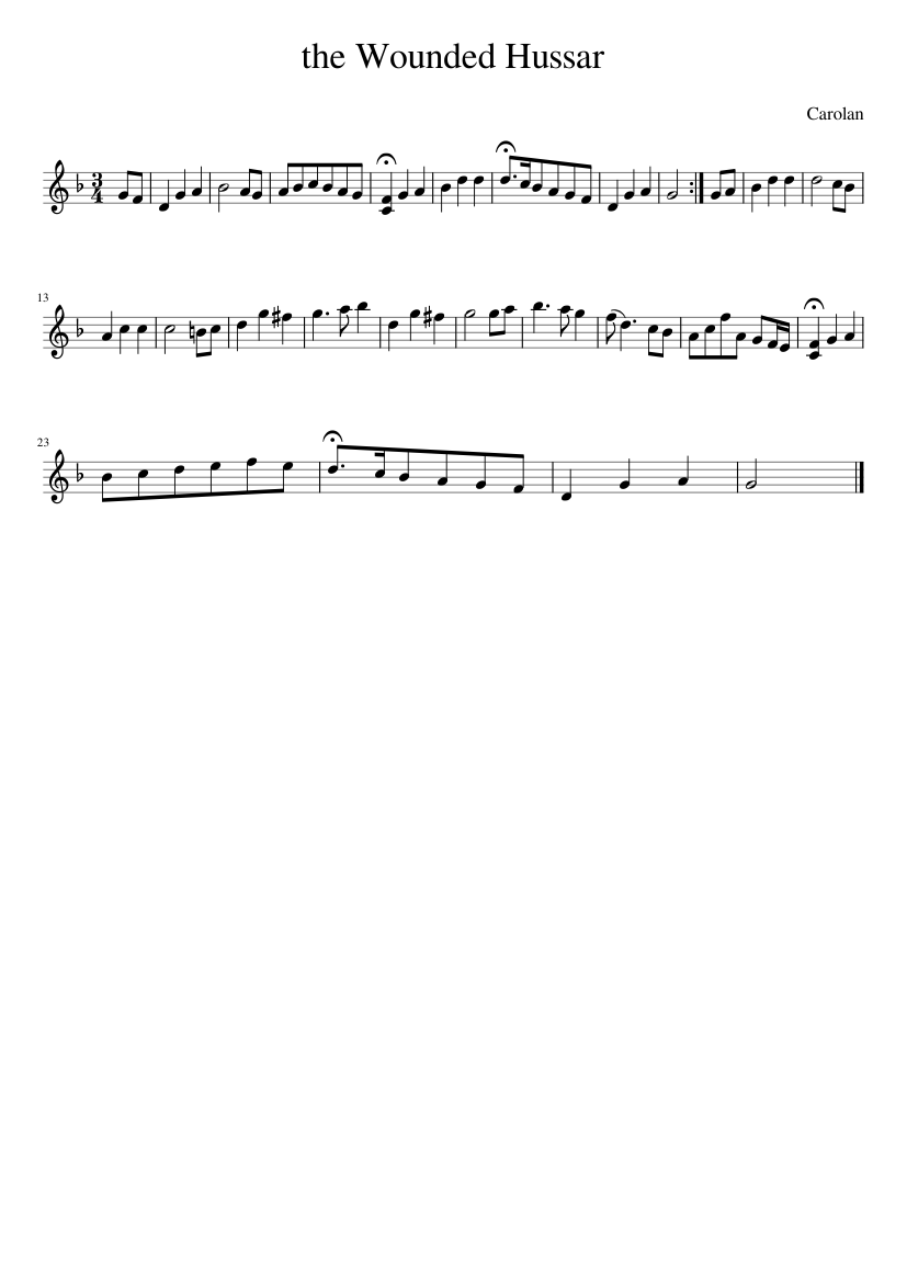 Carolan - the Wounded Hussar - piano sheet music page 1