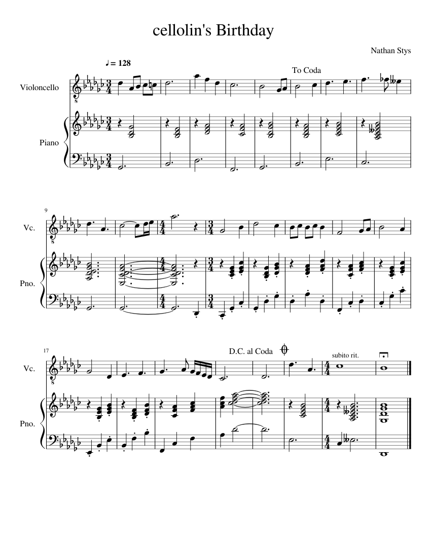 Cellolin's Birthday! - piano sheet music page 1