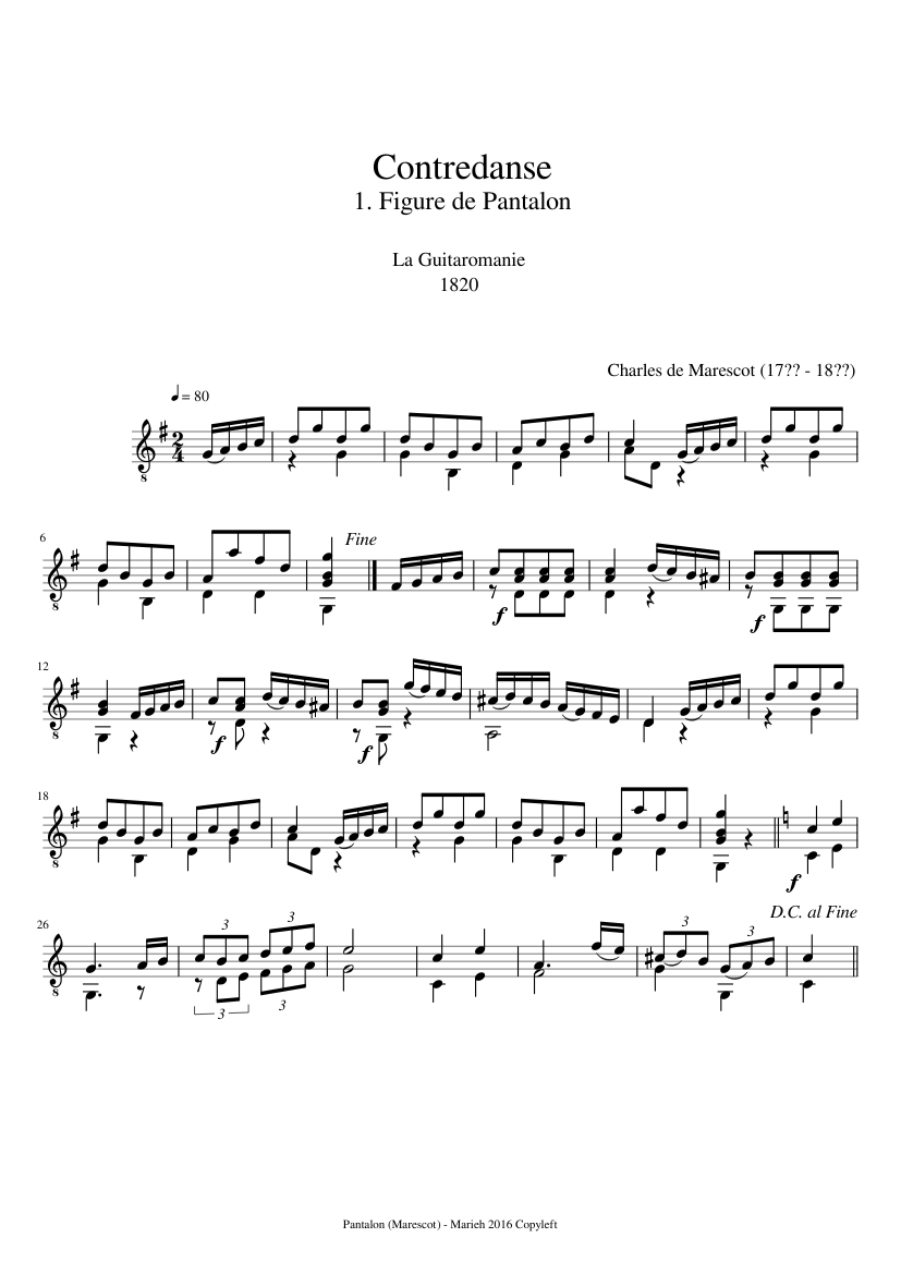 Contredanse 1.Figure de Pantalon - La Guitaromanie - Charles de Marescot (17?? - 18??) - piano sheet music page 1