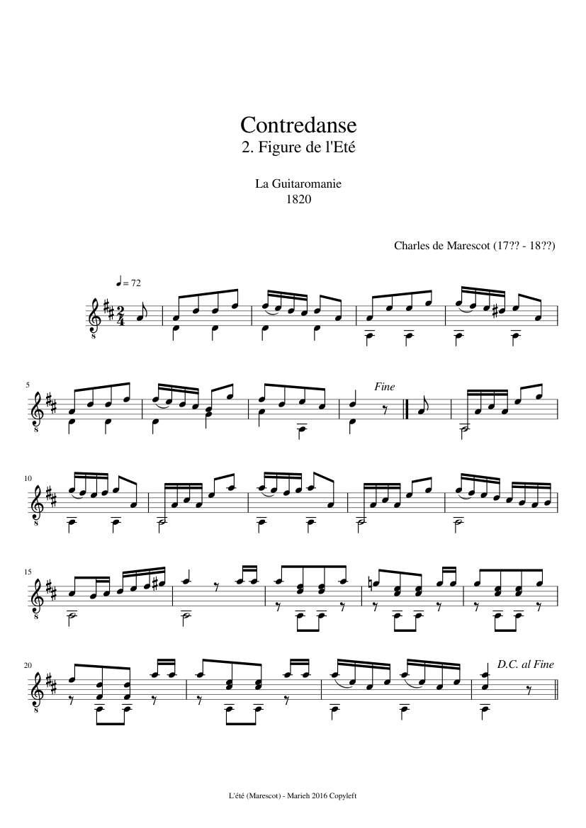 Contredanse 2.Figure de l'Eté - La Guitaromanie - Charles de Marescot (17?? - 18??) - piano sheet music page 1
