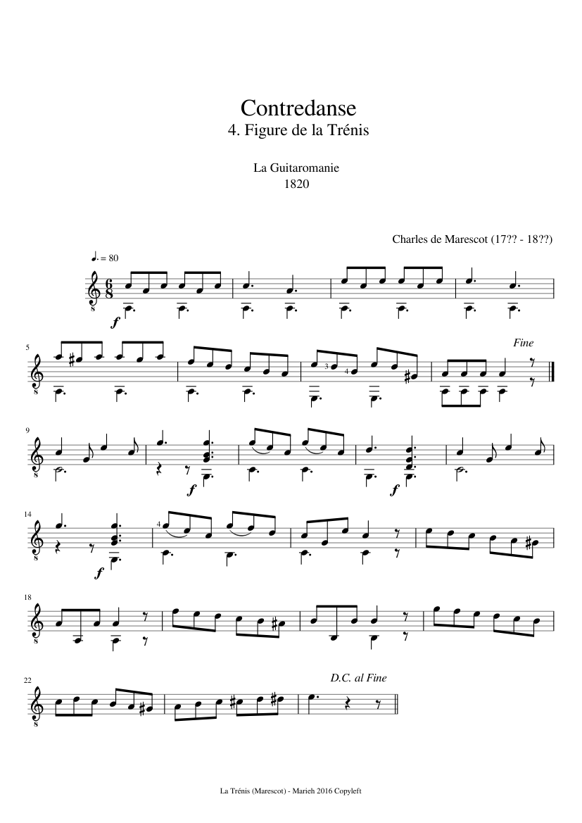 Contredanse 4.Figure de la Trénis - La Guitaromanie - Charles de Marescot (17?? - 18??) - piano sheet music page 1