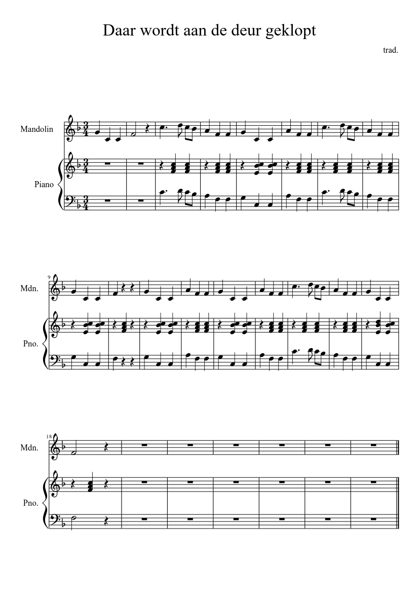 Daar wordt aan de deur geklopt - piano sheet music page 1