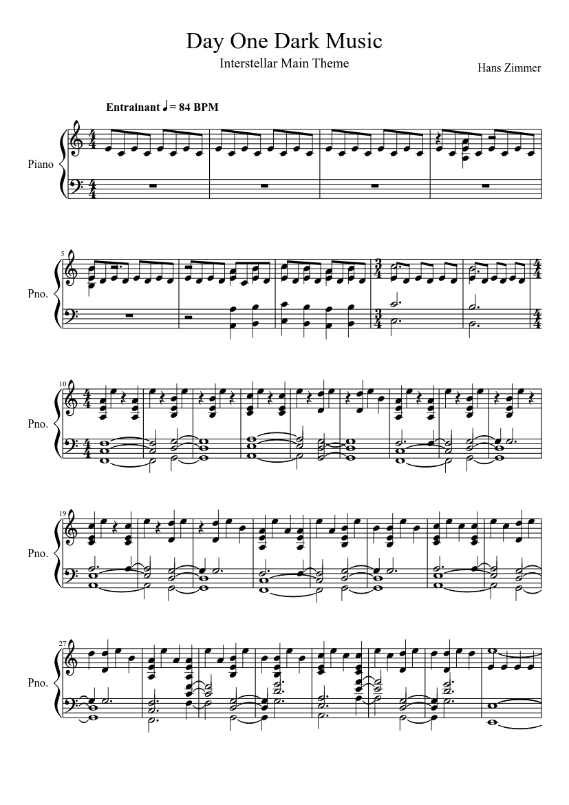 Day One Dark Music - Interstellar Main Theme - piano sheet music page 1