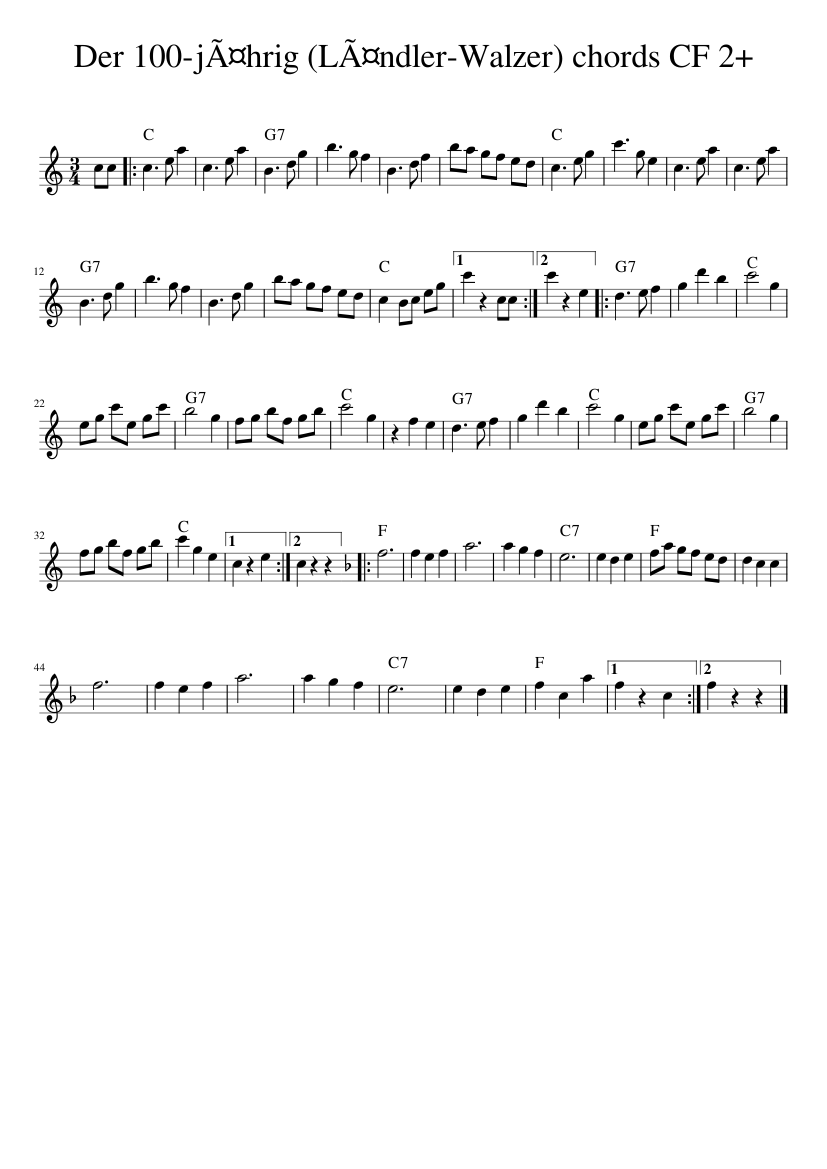 Der 100-jahrig (Landler-Walzer) chords CF 2+ - piano sheet music page 1