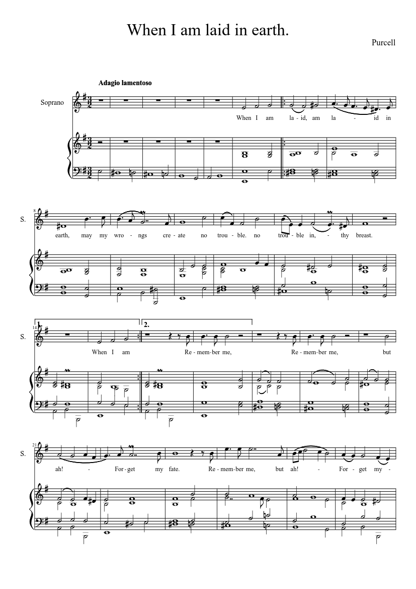 Dido's Lament (When I am laid in earth) (in Em) - Henry Purcell - piano sheet music page 1