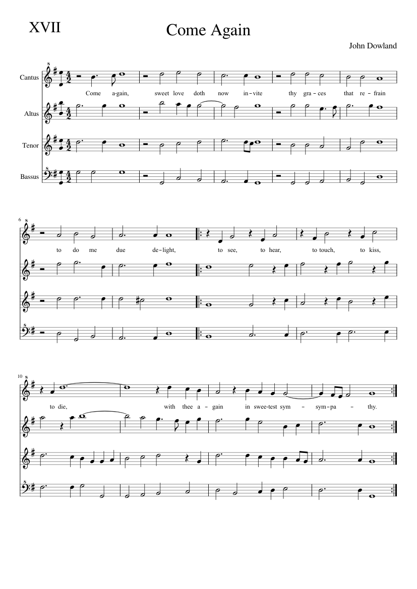 Dowland: XVII Come again - piano sheet music page 1