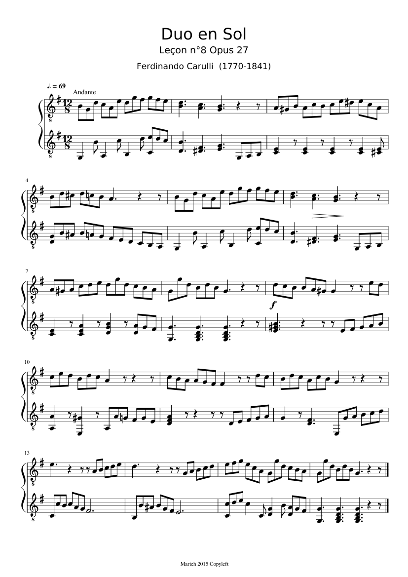 Duo en Sol op.27 n°8 - Ferdinando Carulli (1770 - 1841) - piano sheet music page 1