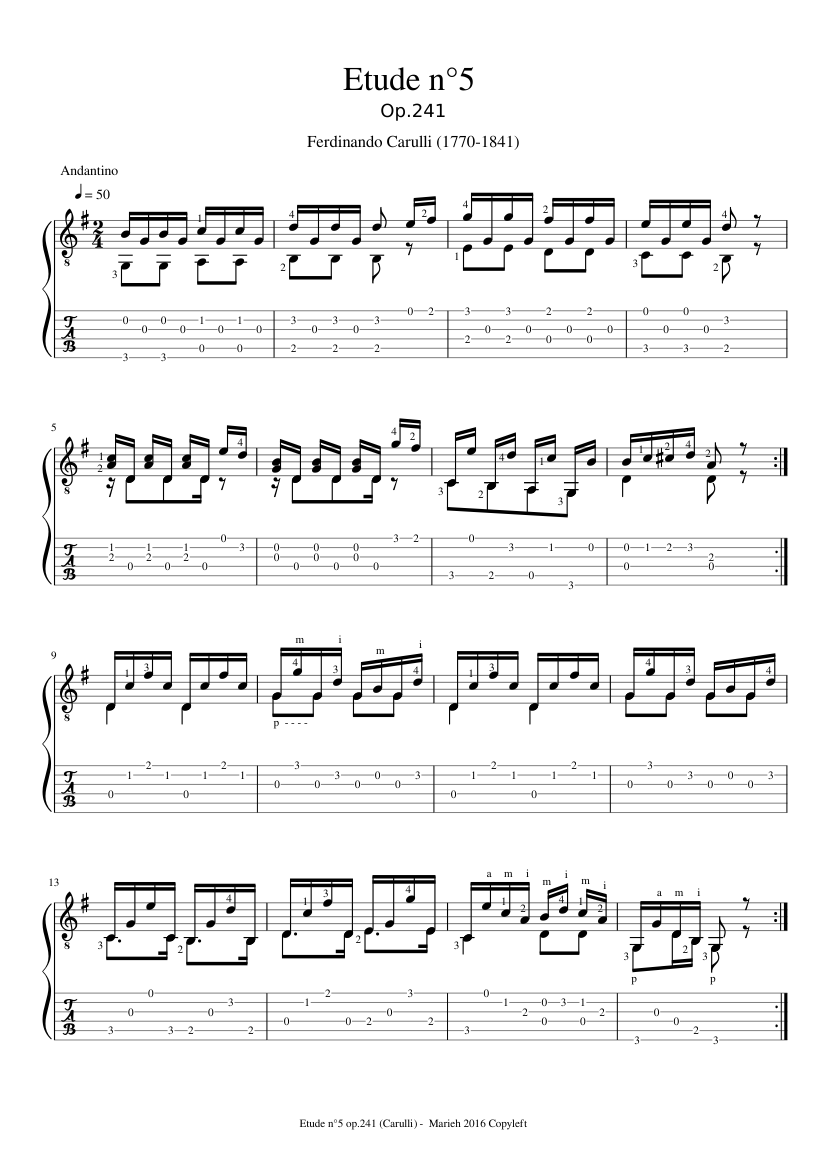 Etude n°5 op.241 - Ferdinando Carulli (1770 - 1841) Tablature - piano sheet music page 1