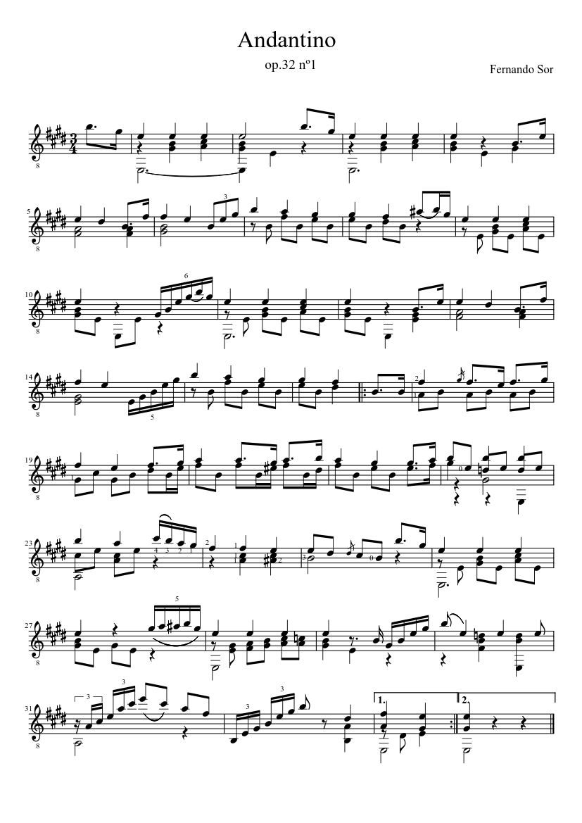 Fernando Sor Op.32 Andantino - piano sheet music page 1
