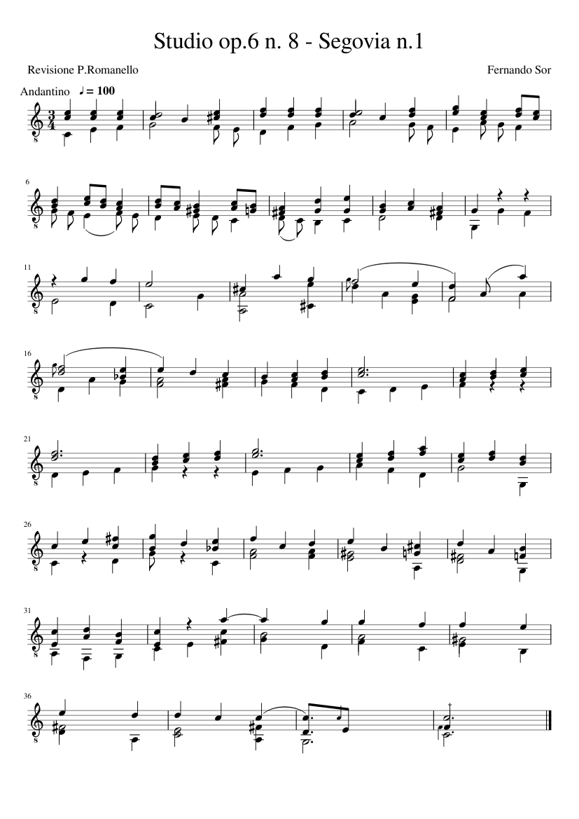 Fernando Sor Studio op.6 n.8 Segovia n.1 - piano sheet music page 1