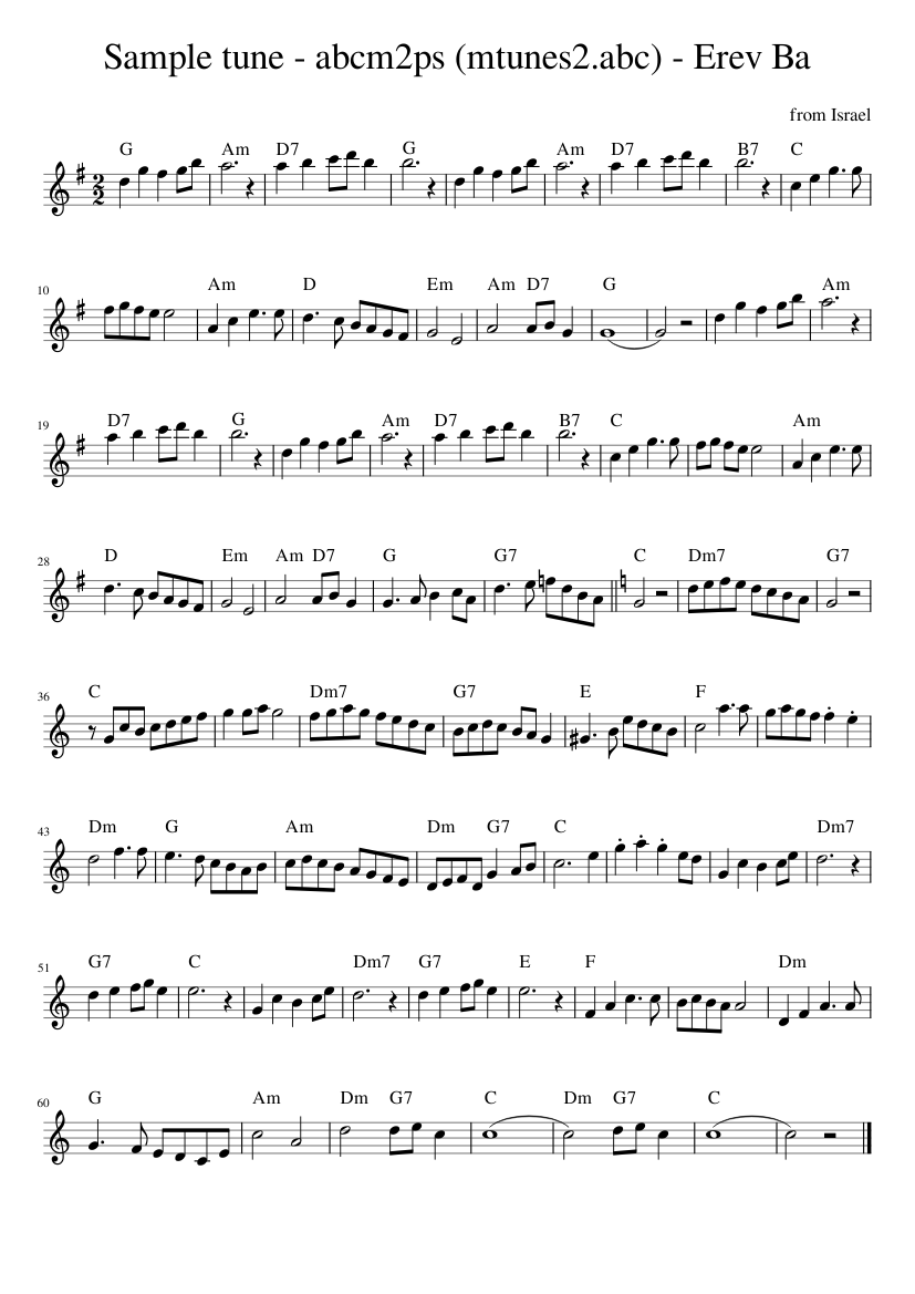 from Israel - Sample tune - abcm2ps (mtunes2.abc) - Erev Ba - piano sheet music page 1