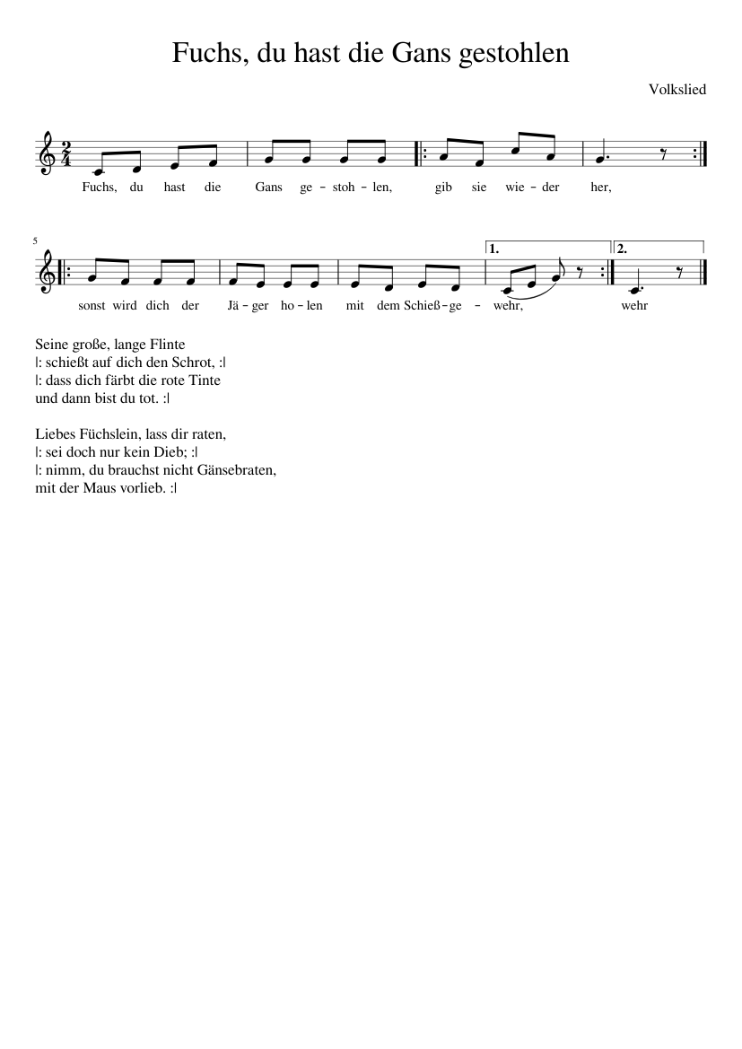 Fuchs, du hast die Gans gestohlen - piano sheet music page 1