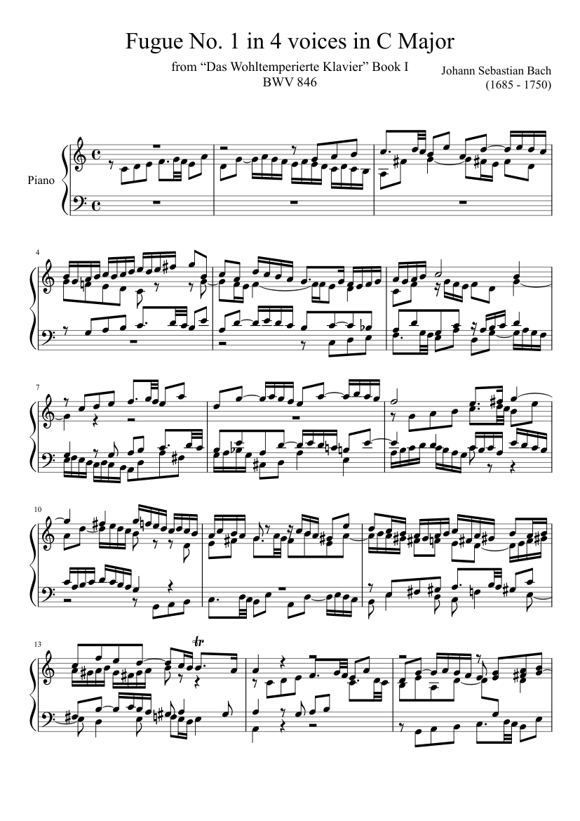 Fugue No. 1 BWV 846 in C Major - piano sheet music page 1