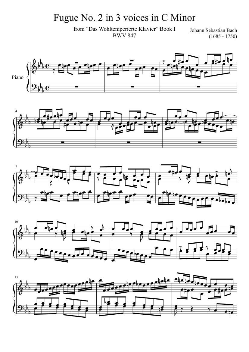 Fugue No. 2 BWV 847 in C Minor - piano sheet music page 1