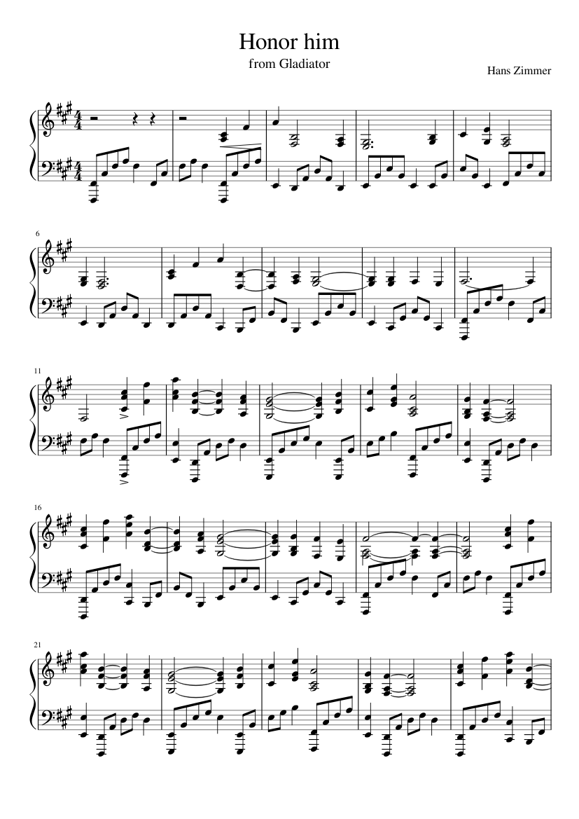 Gladiator Theme - Honor him - piano sheet music page 1