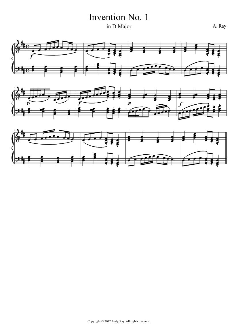 Invention #1 (D Major, Common Time) - piano sheet music page 1