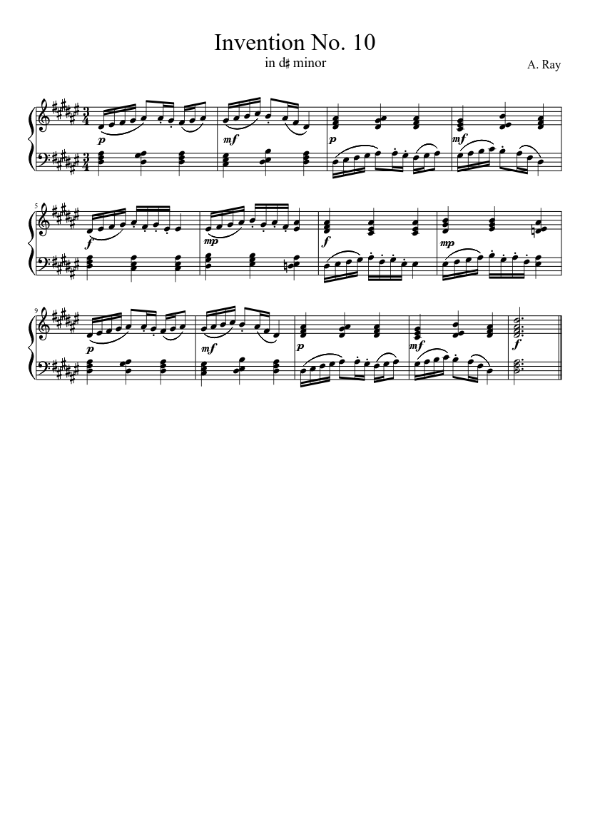 Invention #10 (D♯ Minor, 3/4) - piano sheet music page 1