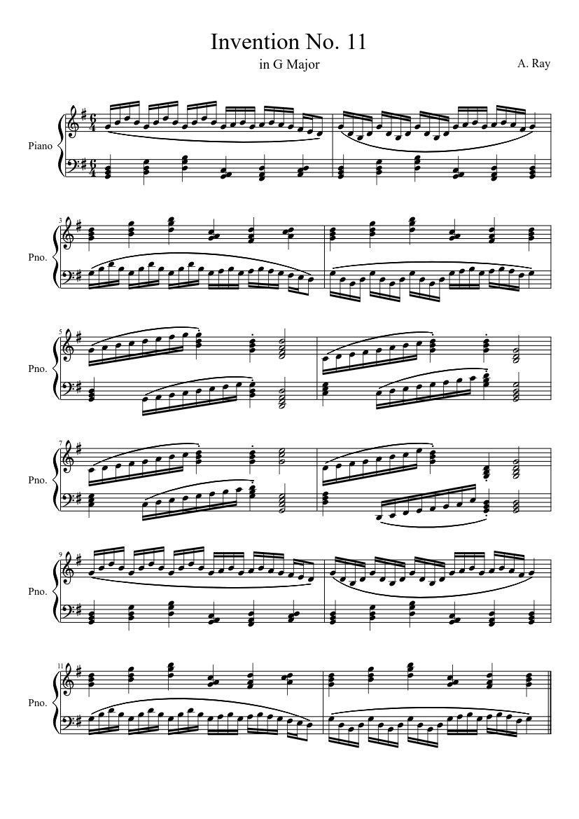 Invention #11 (G Major, 6/4) - piano sheet music page 1