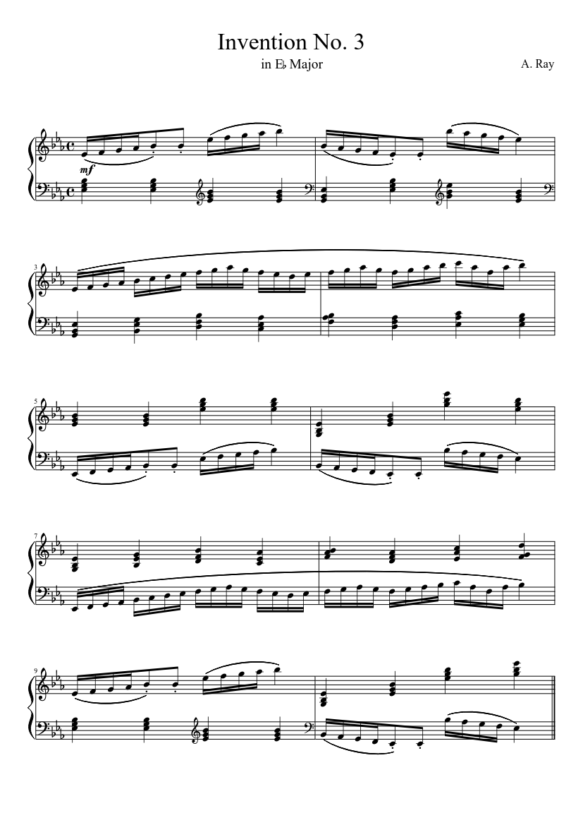 Invention #3 (E♭ Major, Common Time) - piano sheet music page 1