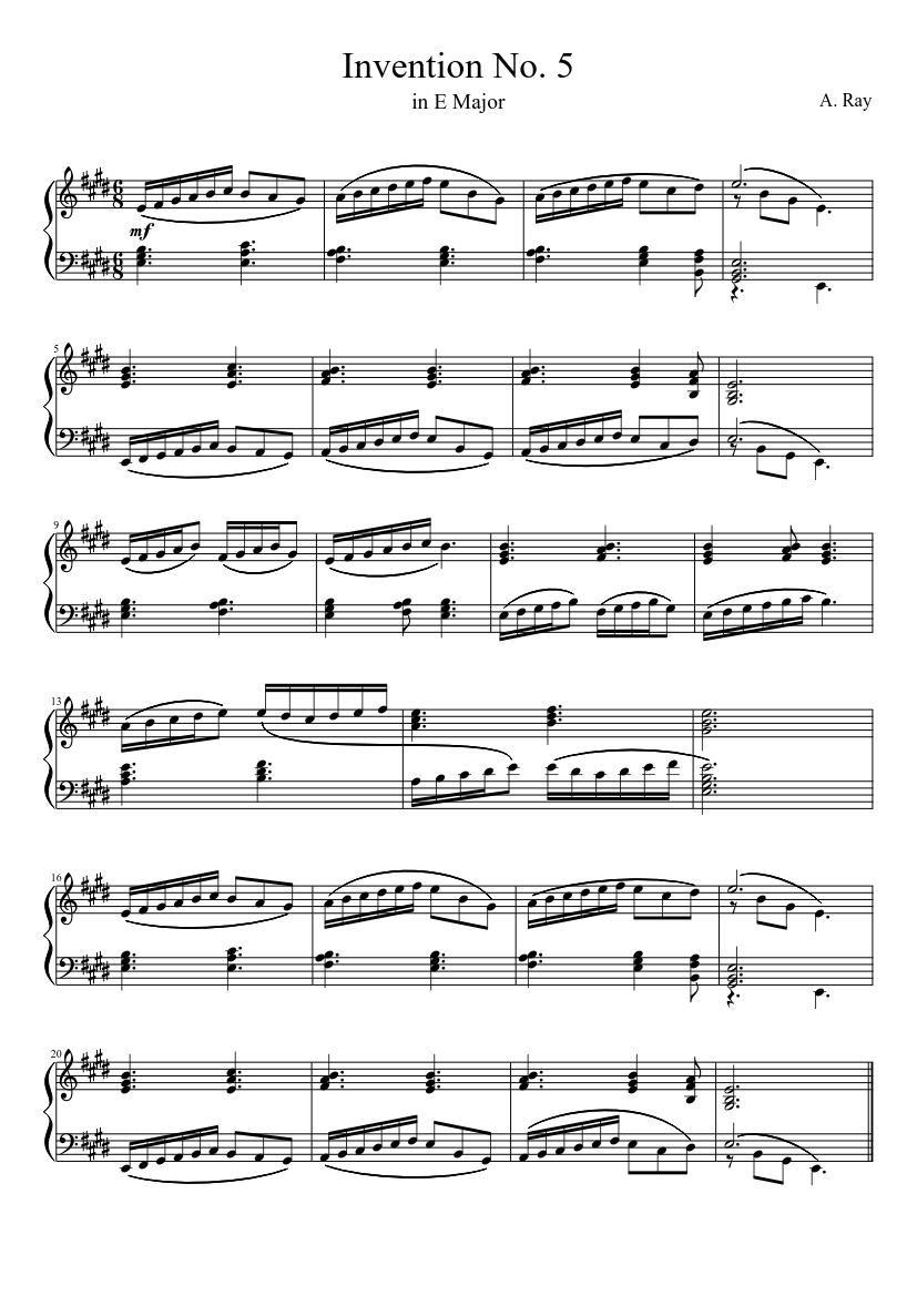 Invention #5 (E Major, 6/8) - piano sheet music page 1