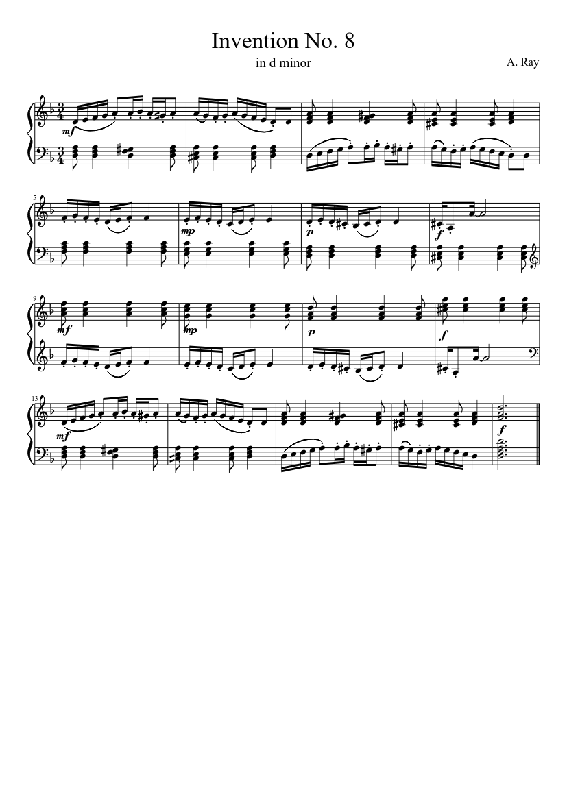 Invention #8 (D minor, 3/4) - piano sheet music page 1