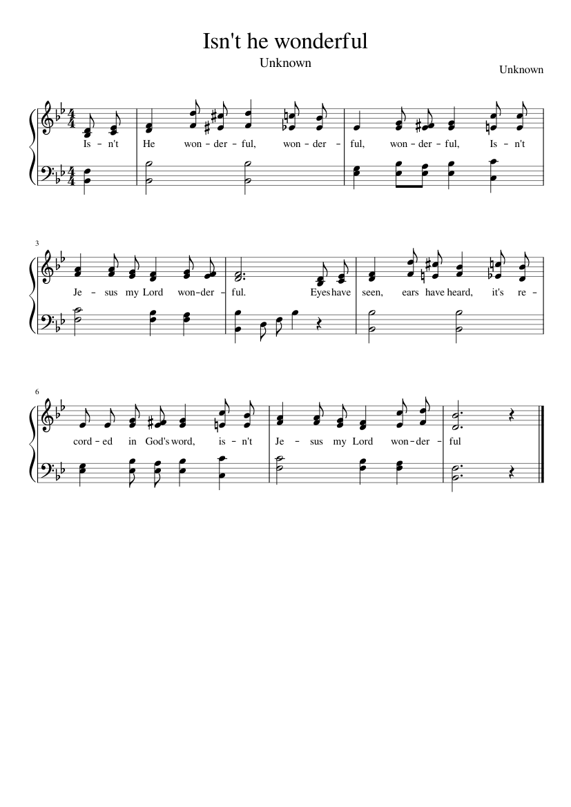 Isn't he wonderful - piano sheet music page 1