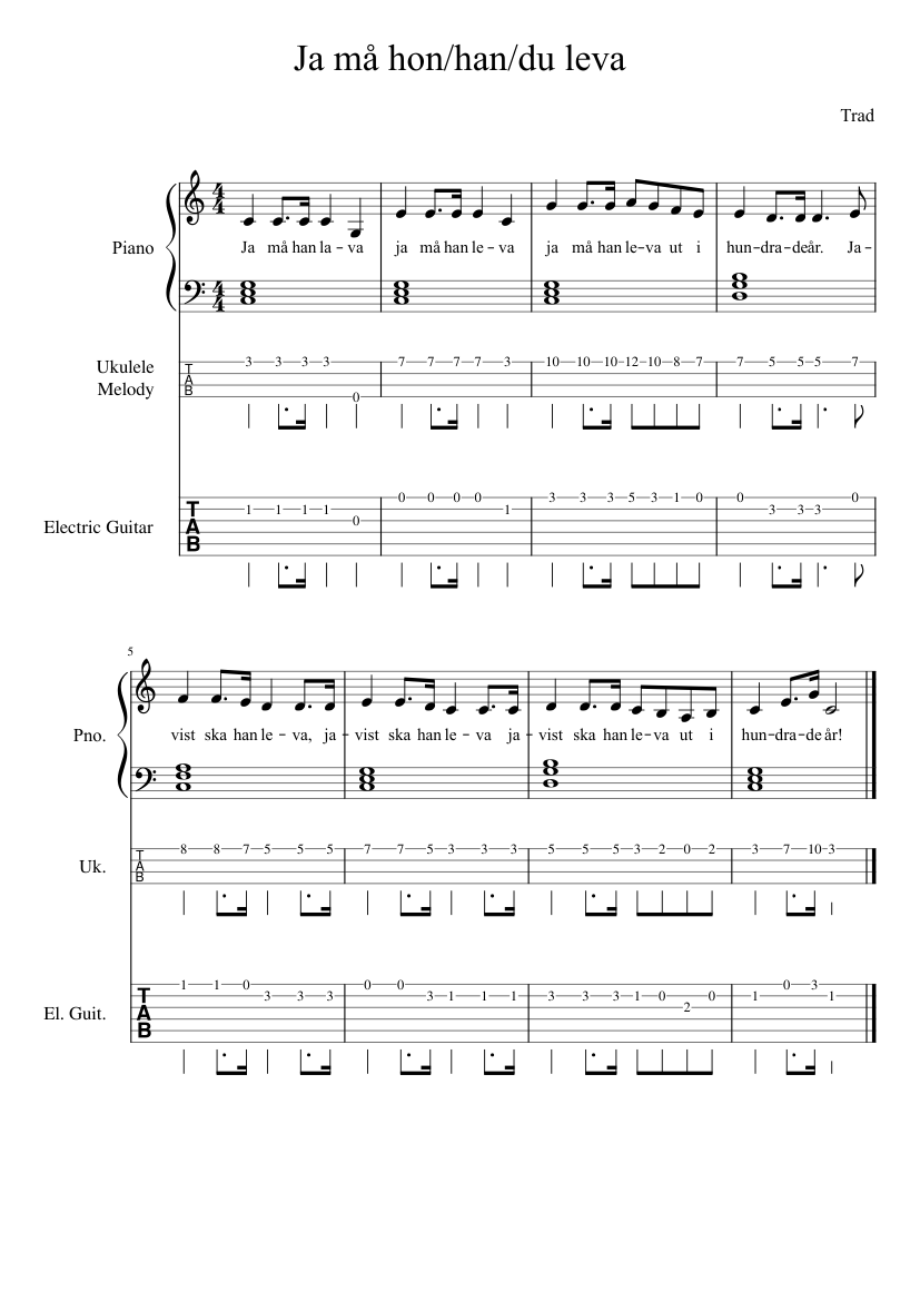 Ja må hon/han/du leva - piano sheet music page 1
