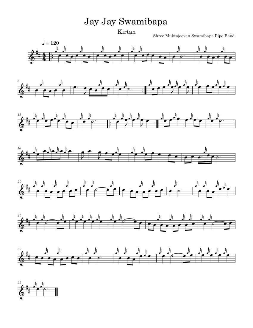 Jay Jay Swamibapa – Shree Muktajeevan Swamibapa Pipe Band - piano sheet music page 1