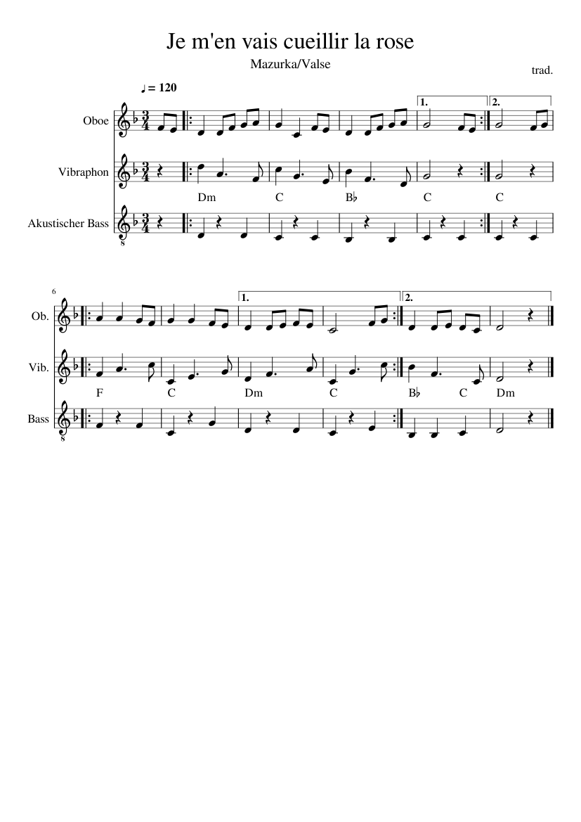 Je m'en vais cueillir la rose - piano sheet music page 1