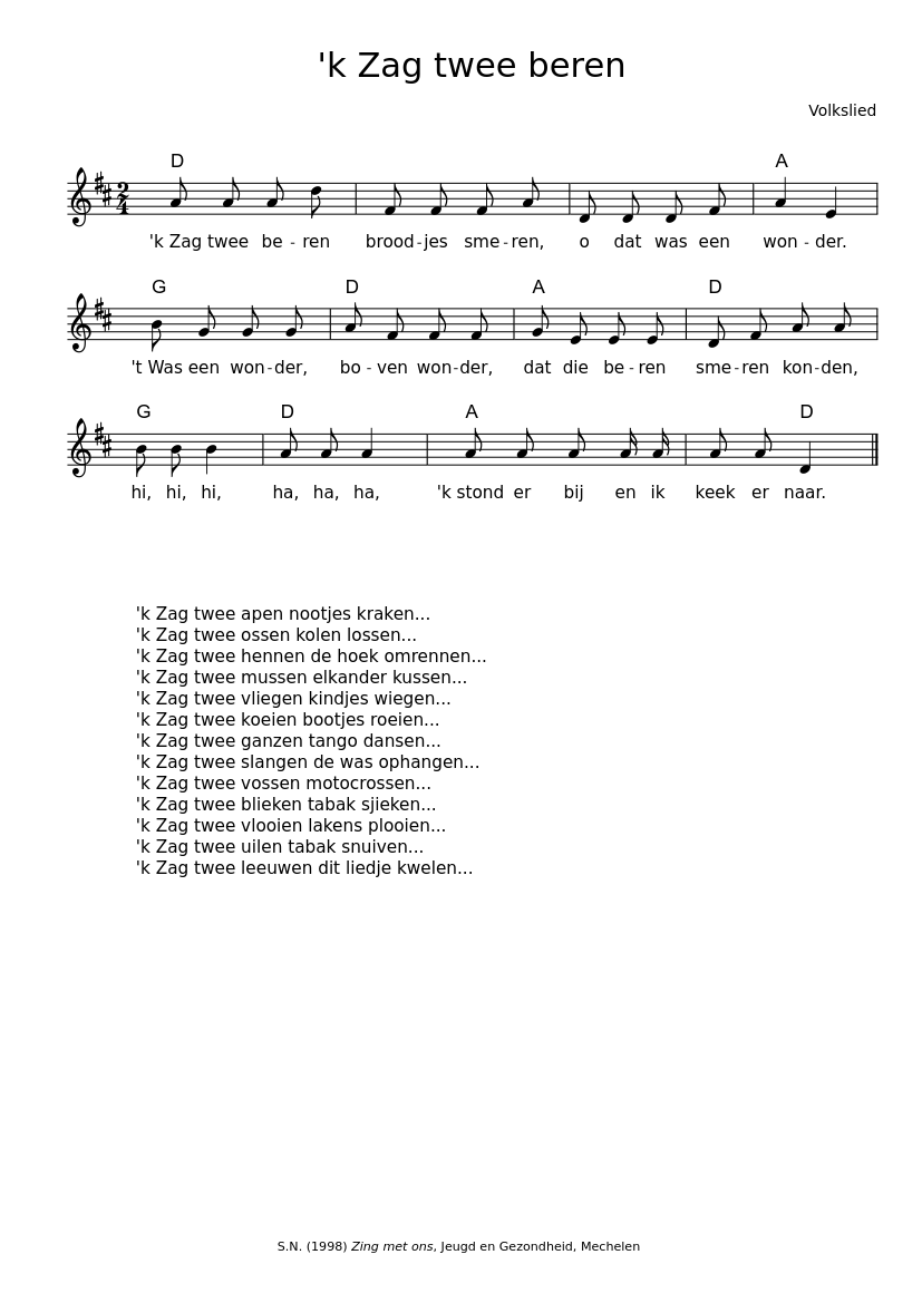 'k Zag twee beren - piano sheet music page 1