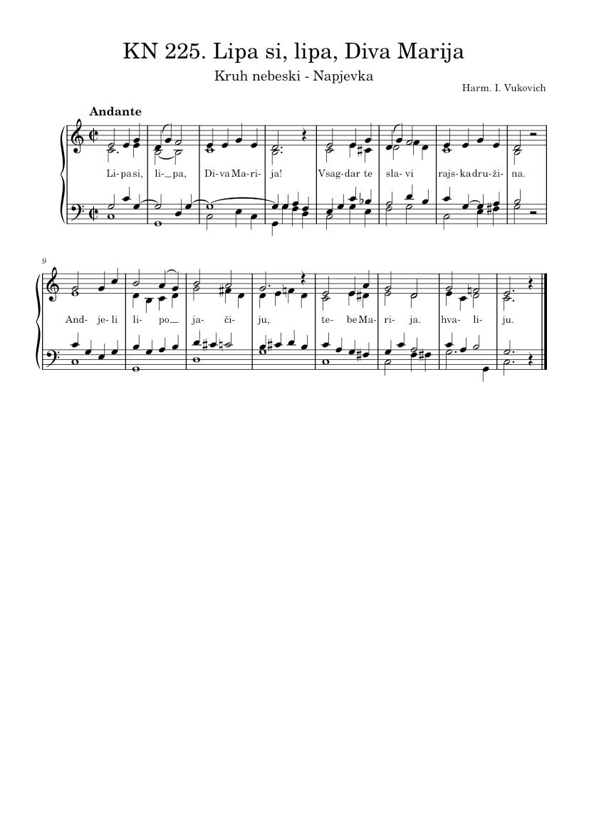 KN 225. Lipa si, lipa, Diva Marija – Kruh nebeski - Napjevka - piano sheet music page 1