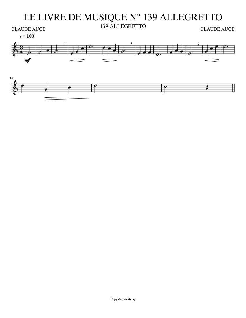LE LIVRE DE MUSIQUE N° 139 ALLEGRETTO - piano sheet music page 1