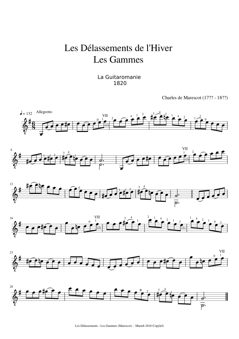Les Délassements de l'Hiver - Les Gammes -  La Guitaromanie - Charles de Marescot (17?? - 18??) - piano sheet music page 1