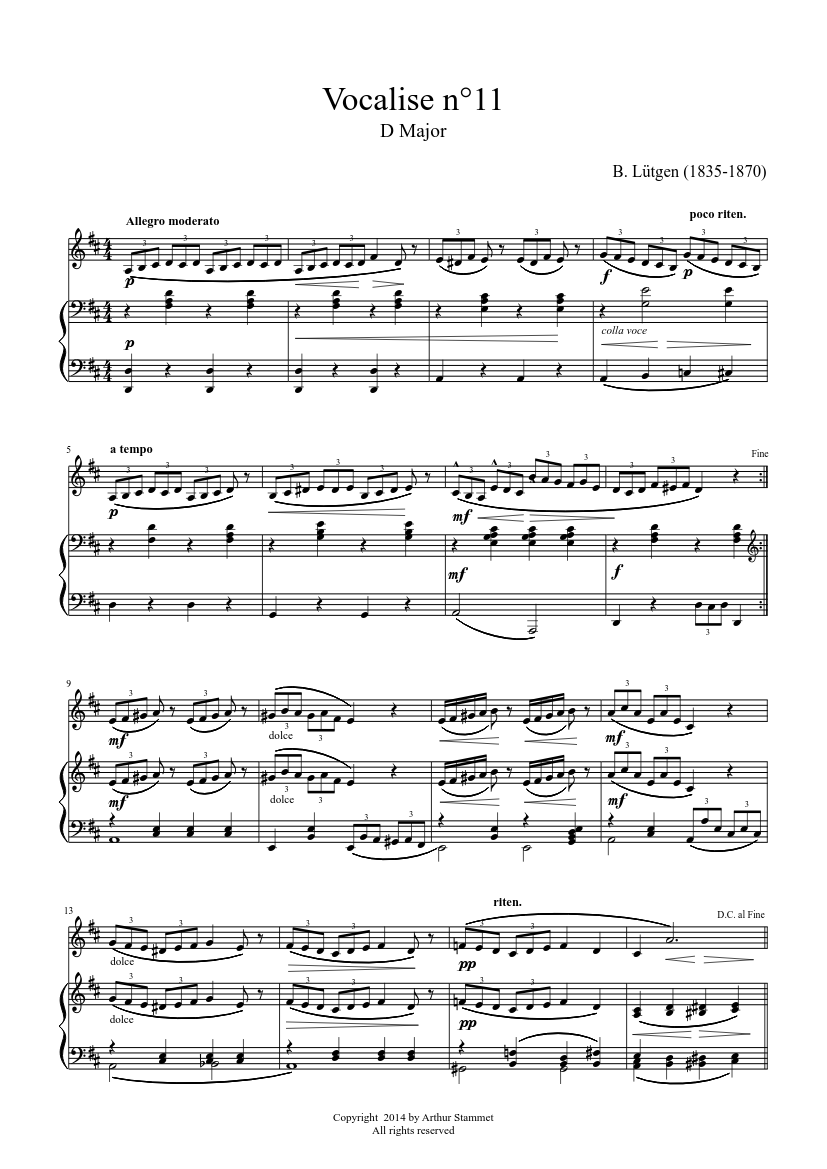 Lütgen - Daily Exercises - Vocalise 11 - D major - piano sheet music page 1