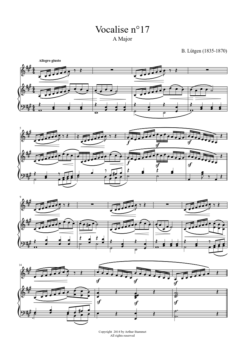 Lütgen - Daily Exercises - Vocalise 17 - A major - piano sheet music page 1