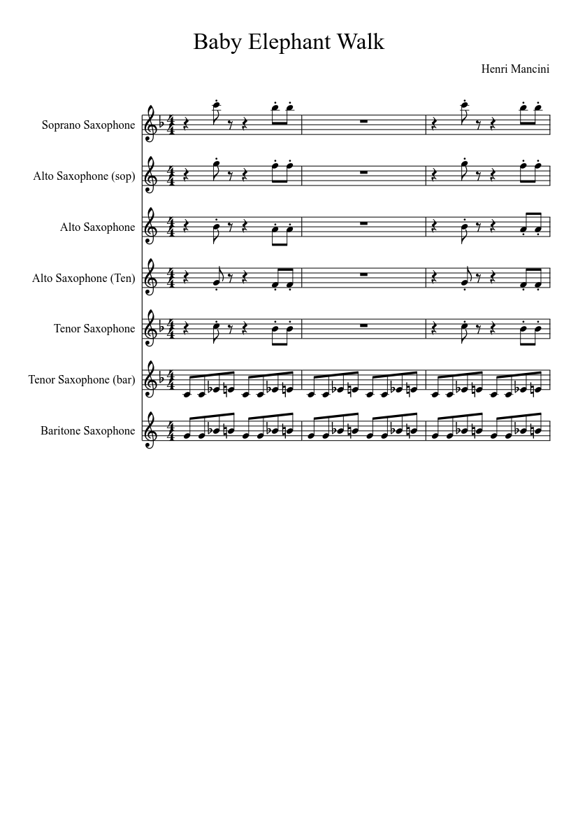 Mancini Baby Elephant Walk saxophone Quartet - piano sheet music page 1