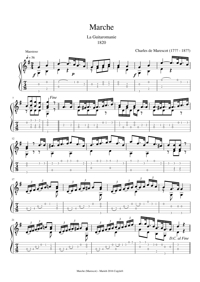 Marche - La Guitaromanie - Charles de Marescot (17?? - 18??) - Tablature - piano sheet music page 1