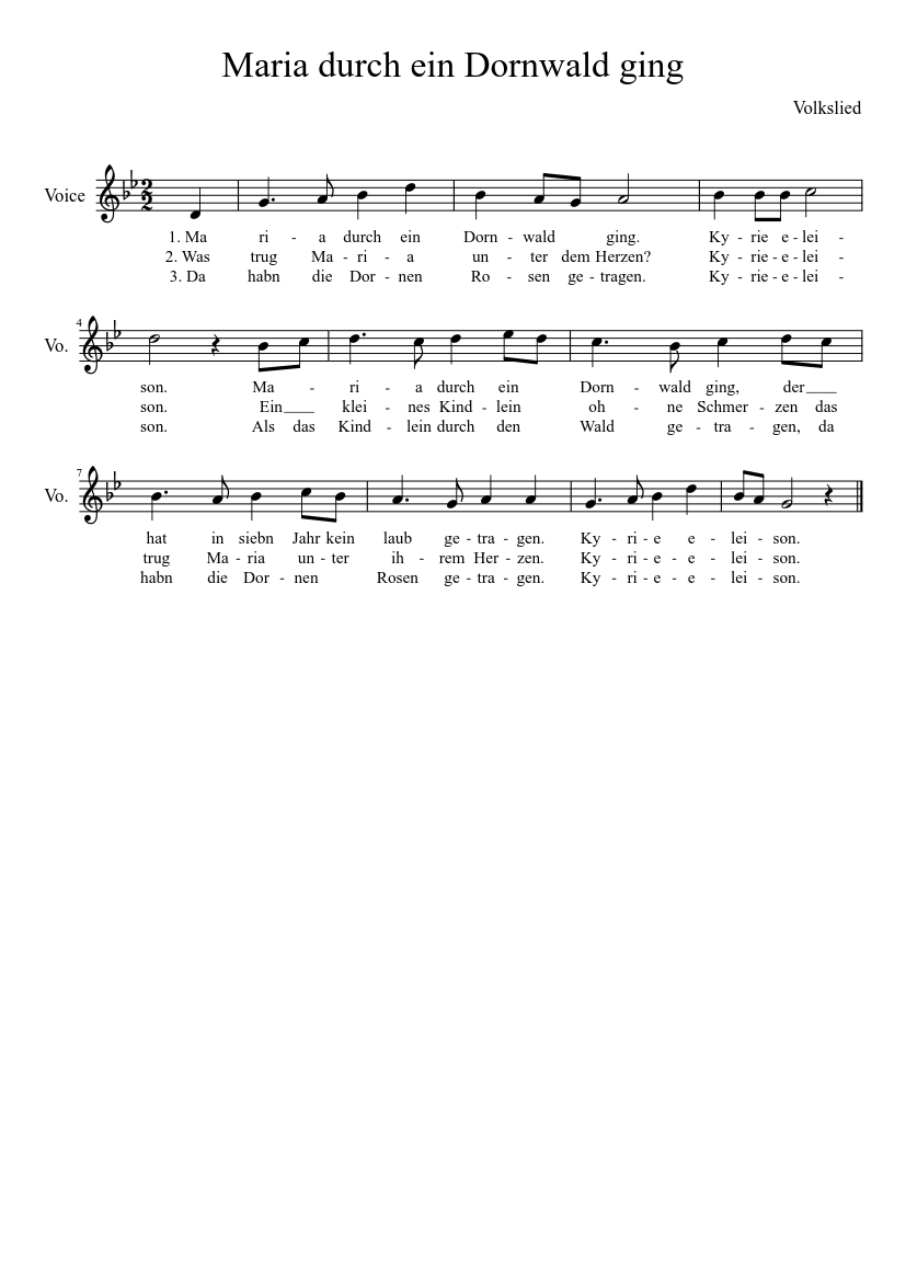Maria durch ein Dornwald ging - piano sheet music page 1