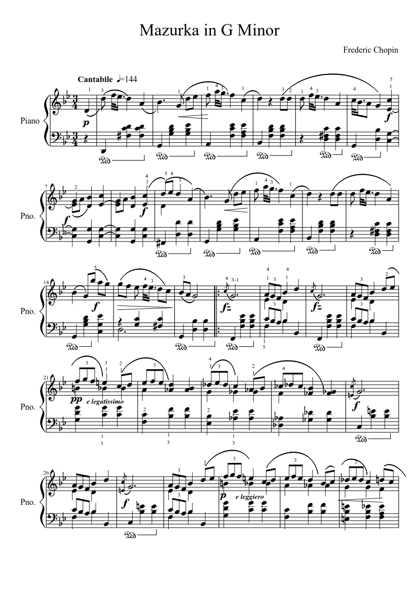 Mazurka in G Minor Opus 67, No 2 Chopin - piano sheet music page 1