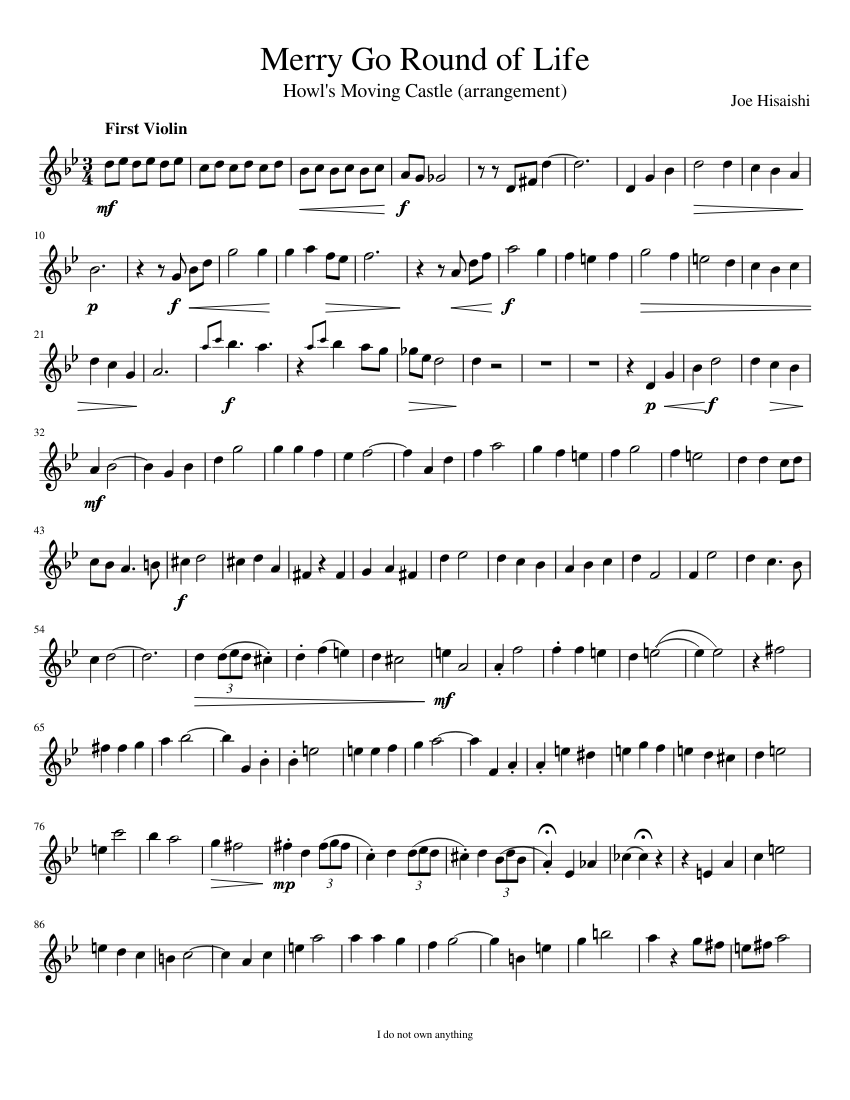 Merry Go Round of Life (First Violin) – Joe Hisaishi - piano sheet music page 1