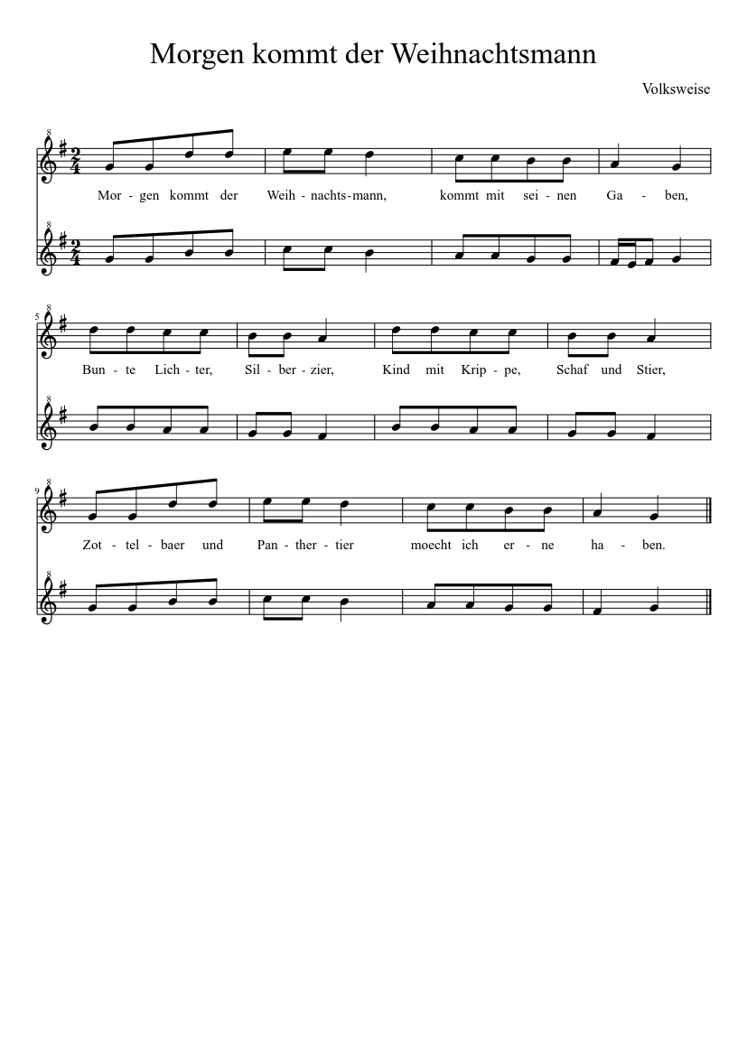 Morgen kommt der Weihnachtsmann - piano sheet music page 1