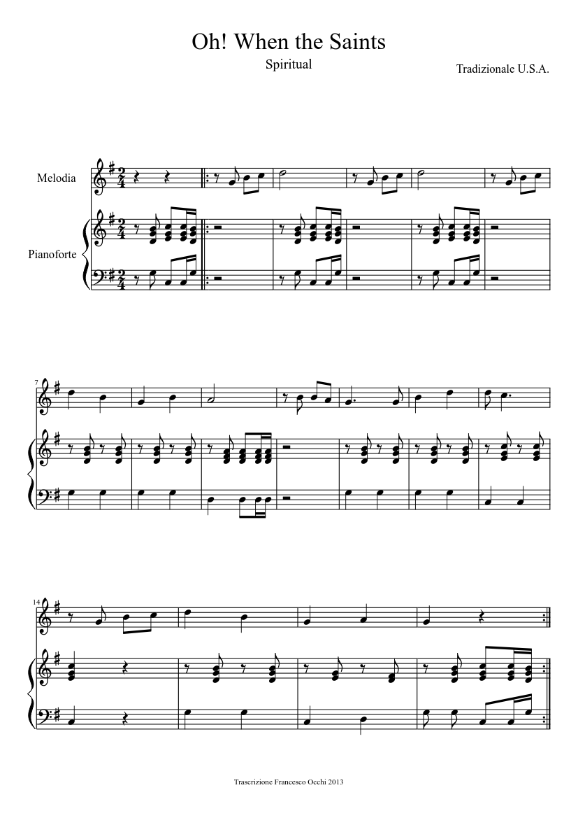 Oh! When the Saints (pianoforte in sol) - piano sheet music page 1
