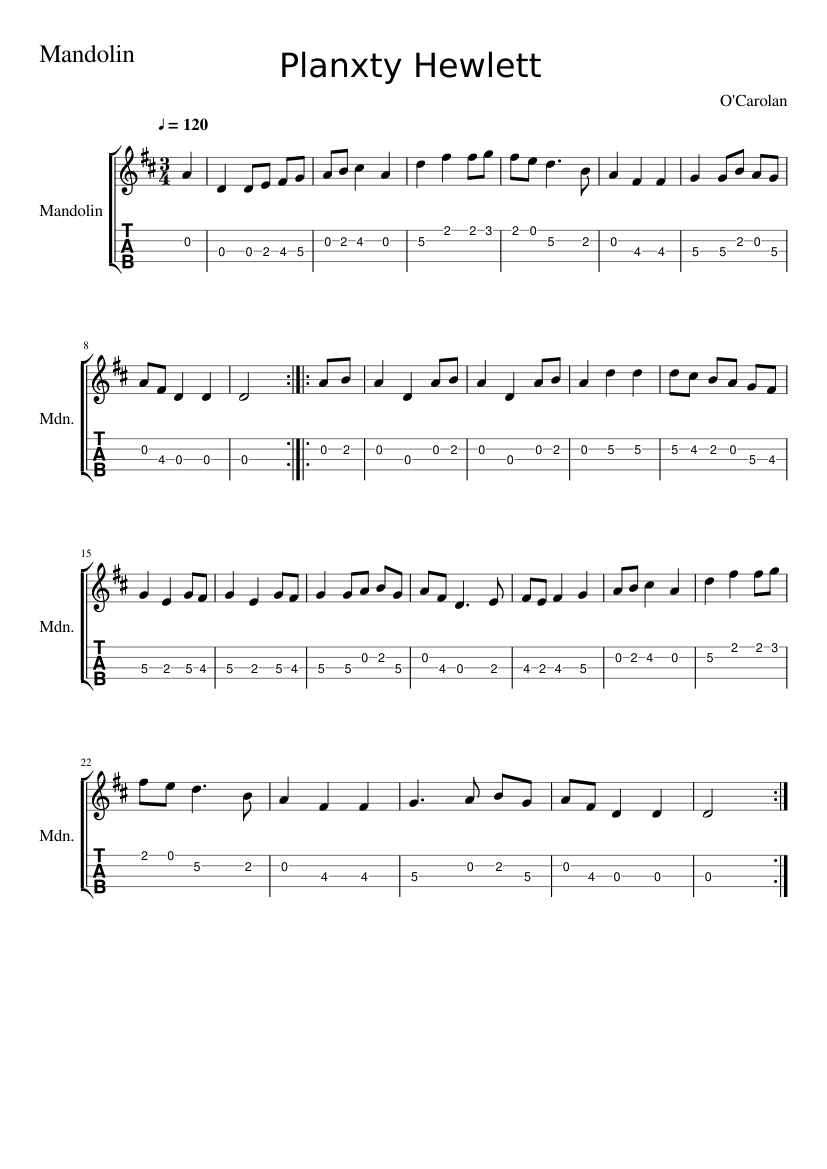 Planxty Hewlett - piano sheet music page 1