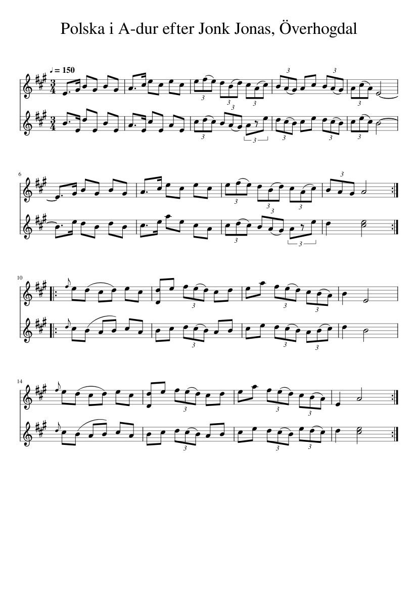 Polska i A-dur efter Jonk Jonas, Överhogdal - piano sheet music page 1