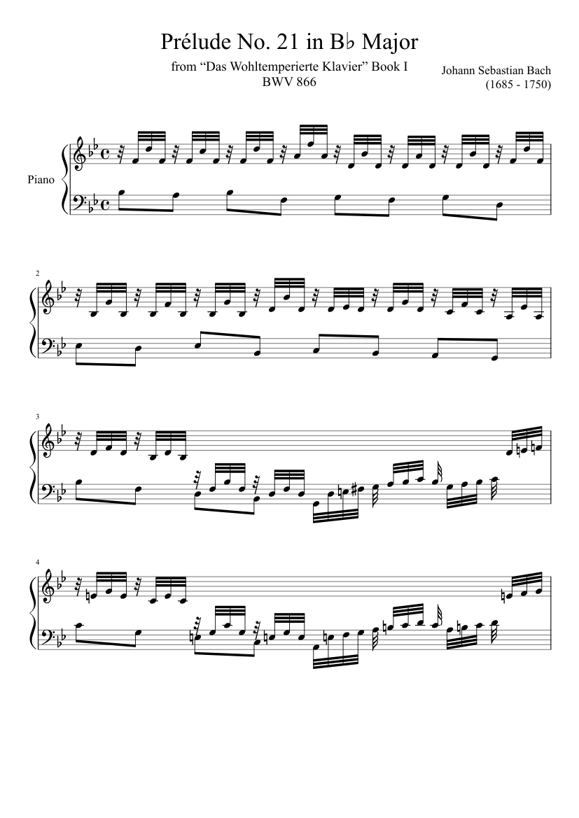 Prélude No. 21 BWV 866 in B♭ Major - piano sheet music page 1
