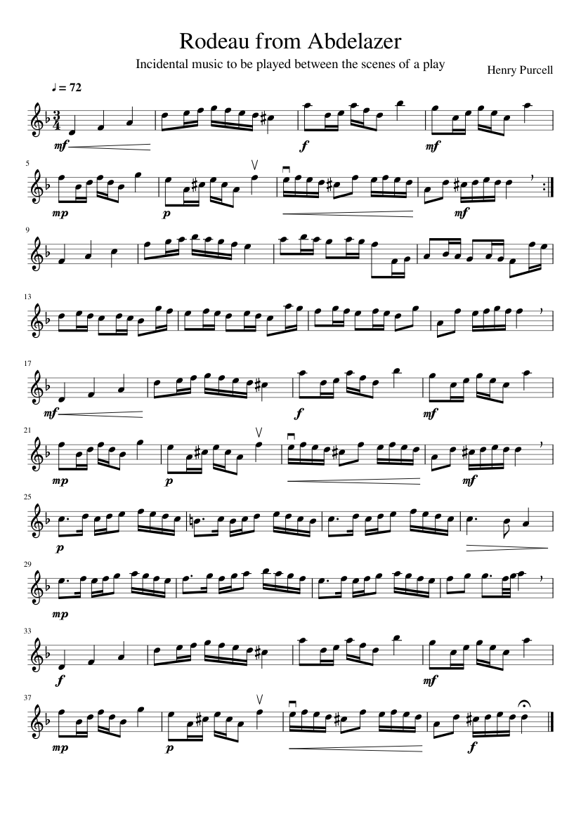 Rodeau from Abdelazer - Henry Purcell - piano sheet music page 1